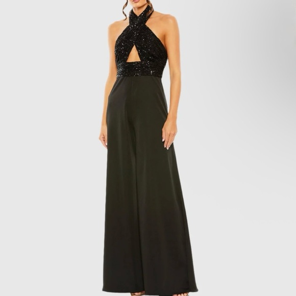 Mac Duggal Pants - IEENA FOR MAC DUGGAL Black Sequined Cross Neck Halter Jumpsuit